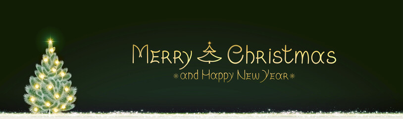 Merry Christmas handwritten lettering phrase and fir tree isolated on green.