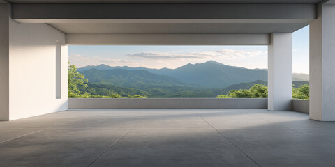 Modern building with clean concrete floors, ceiling and structure opens to stunning view of lush green mountains. Perfect background for car parking display, real estate or architecture themes.