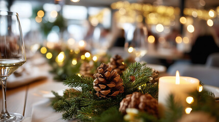 Warm festive dinner, friends celebrating Christmas, beautifully decorated table, garland pinecones lights, cozy holiday atmosphere, restaurant home interior, seasonal dining scene,