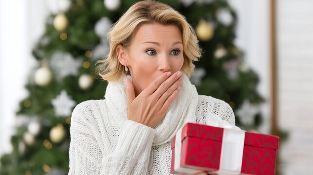 Woman receiving Christmas, gift feeling surprise, holiday present moment, seasonal celebration display, gift unwrapping reaction, festive joy capture, emotional moment scene, facel