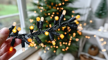 Warm yellow lights stretch across a hand near a decorated Christmas tree in a cozy indoor setting during the holiday season