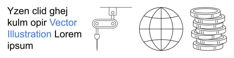 Economic growth, automation, globalization, technology, industrial innovation, wealth. Robotic arm, globe stacked coins. Economic growth and automation in industrial and global contexts