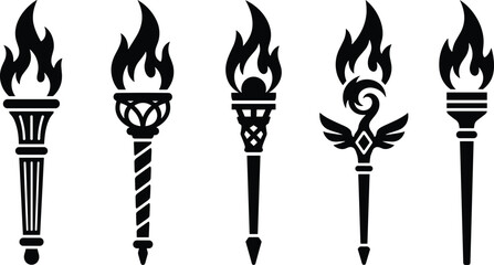 Fantasy torch silhouette set featuring ornate flame designs, magical staff-inspired torches, detailed decorative handles, and bold vector illustrations for creative projects.