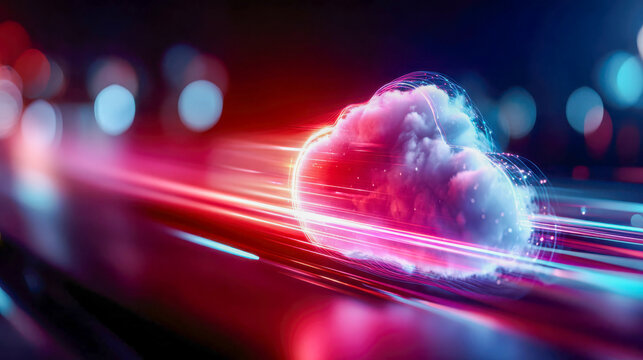 Futuristic cloud-computing visualization with dynamic neon streaks representing high-speed data transfer