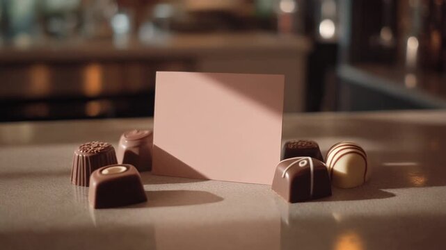Chocolate candies with empty card on white table.