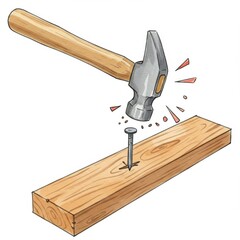 Hammer Hitting Nail into Wooden Plank