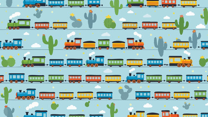 Seamless pattern of colorful cartoon steam trains traveling across a whimsical desert landscape background © Design