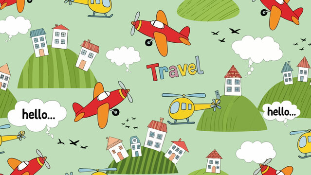 Seamless pattern featuring cartoon airplanes helicopters and small houses on green hills for kids
