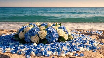 Floral arrangement of blue hydrangeas and white roses rests on sandy beach, surrounded by scattered petals, ocean waves gently lapping shore. This tranquil scene is ideal for commemoration