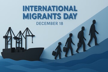 International migrants day december 6th with silhouette of migrant family and cargo ship