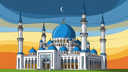 Majestic mosque with bright blue domes and tall minarets against a colorful twilight sky background