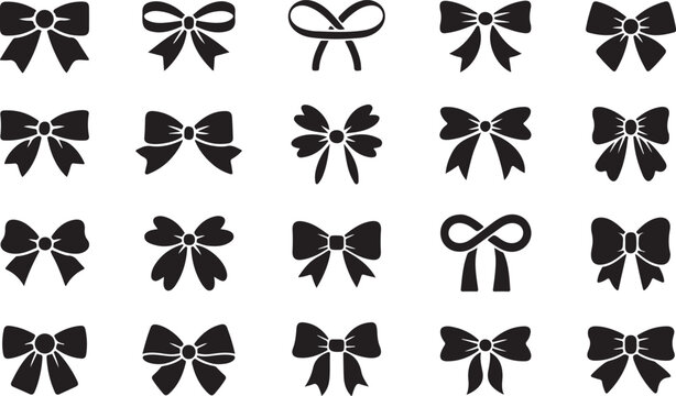 Decorative bow silhouette. Gift wrapping favor ribbon, black jubilee bows stencil vector icons set
