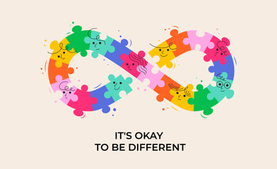 Infinity Symbol with funny kids faces, made from colorful puzzle pieces. Autism Awareness and Autistic Pride Day concept design, banner and poster