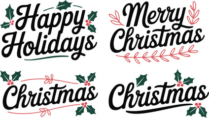 Merry Christmas, Happy Holidays, Happy New Year festive greeting with red holly berries, snowflakes, and elegant script set on transparent background
