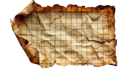 Aged Grid Paper With Burnt Edges. Vintage Texture For Creative Design And Backgrounds Isolated On Transparent Background