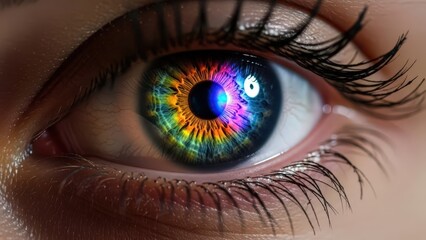 Close up view of human eye with vibrant multicolored iris showing complex patterns reflections