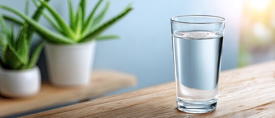 Fresh glass of water sits on a wooden table beside green plants in a bright and serene indoor setting during the afternoon