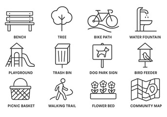Park icons: bench, tree, bike path, water fountain, playground, and more