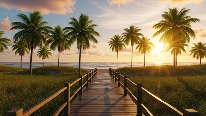 Wooden boardwalk leading to a tropical beach with palm trees and ocean during a golden sunset