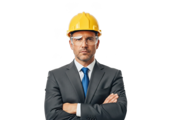 Professional male engineer wearing yellow hard hat safety goggles and gray suit with blue tie arms crossed isolated on transparent background