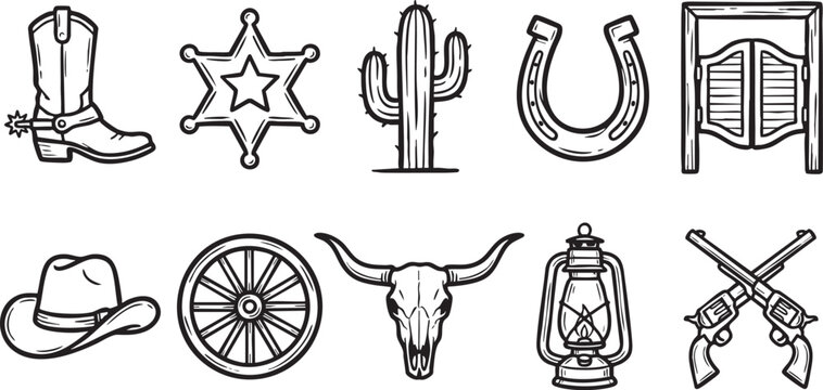 Cowboy boot sheriff star cactus horseshoe saloon doors cowboy hat wagon wheel bull skull lantern crossed revolvers