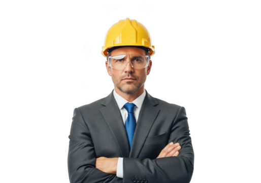Professional male engineer wearing yellow hard hat safety goggles and gray suit with blue tie arms crossed isolated on transparent background - Powered by Adobe