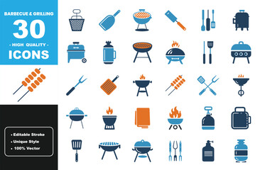 Barbecue & Grilling Icons Set with Grills, Skewers, Cooking Tools, and Outdoor BBQ Equipment in Flat Vector Style