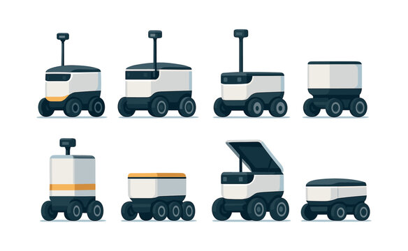 Autonomous delivery robots set, flat vector illustration with transport, futuristic design