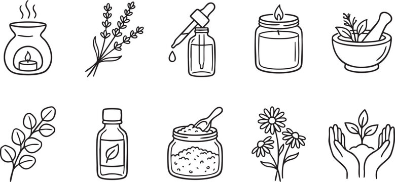 Set of hand drawn icons for aromatherapy and natural wellness products organic essential