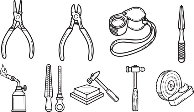 Black outline illustration of jewelry making tools including pliers torch ring sizer hammer loupe and polishing wheel