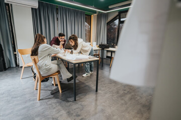A small group of friends or students gather around a table in a modern collaboration center, sharing ideas, reviewing papers, and planning a project. The casual setting fosters teamwork and learning.