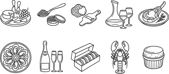 Collection of black and white line art icons depicting gourmet food and drink items cheese grapes