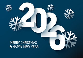 Happy New Year 2026 and Merry Christmas Card Template with Snowflakes