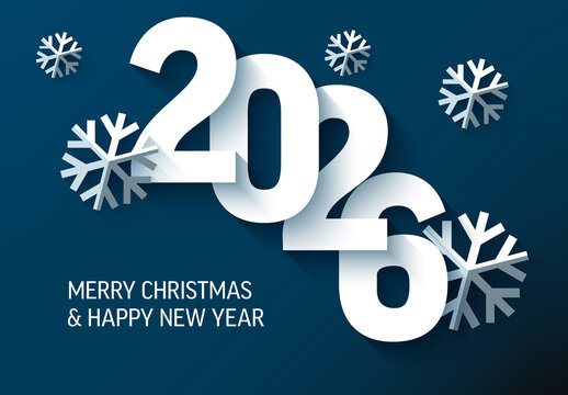 Happy New Year 2026 and Merry Christmas Card Template with Snowflakes