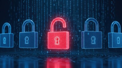 Red open padlock representing a security breach among blue closed digital padlocks on a dark binary code background