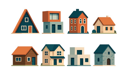 Fototapeta premium House collection, diverse homes, architecture types, flat vector illustration