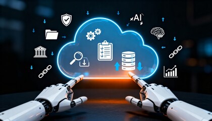 Hand Holding Glowing Cloud Computing Interface with Digital Network Icons, Data Storage and Technology Concept