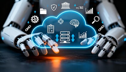 Hand Holding Glowing Cloud Computing Interface with Digital Network Icons, Data Storage and Technology Concept