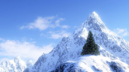 Serene snow covered mountain landscape featuring prominent evergreen tree against clear blue sky