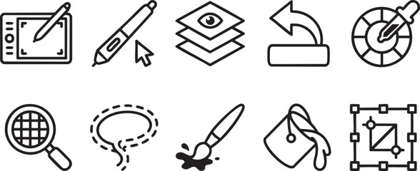 Collection of black line art icons representing graphic design tools and processes drawing