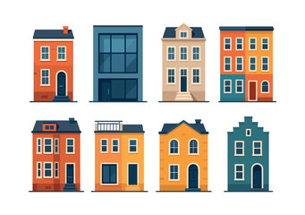 Naklejka premium Residential building collection, diverse homes and architecture, flat vector illustration