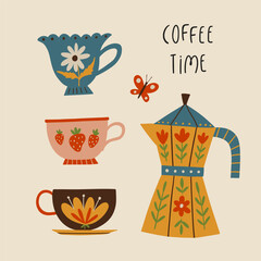 Warm folk style coffee time illustration set with cups, moka pot and small decorative elements. Isolated vector for stickers, materials, crafts, book design and creative projects.
