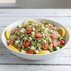 Healthy Quinoa Salad Close-Up with Vegetables, Feta Cheese, and Lemon Garnish 