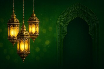 Traditional islamic lanterns glowing warmly against a dark green background with an archway