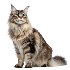 Adult Maine Coon Cat Isolated on White Background &ndash; Long Hair, Large Breed, Studio Portrait