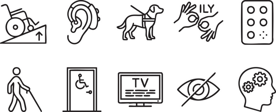 Collection of line art icons representing accessibility and disability support services vector