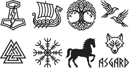 Collection of Norse mythology symbols including Thor's hammer Viking ship tree of life wolf and runes