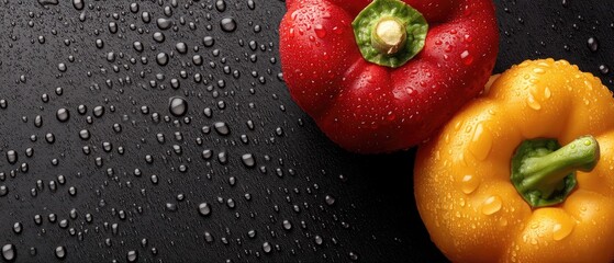 Fresh red and yellow bell peppers with water droplets on a dark surface create a vibrant and appealing food composition for healthy cooking ideas