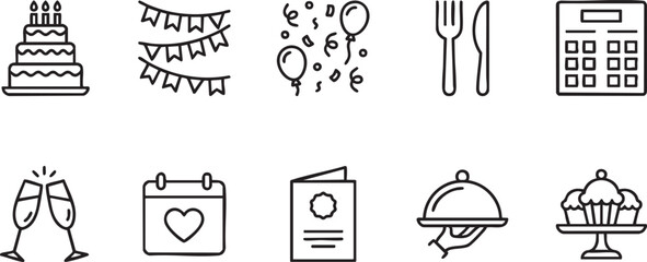 Collection of simple line art icons for celebrations and events like birthdays and parties cake