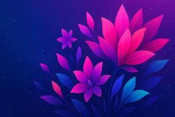 Vibrant neon flowers and leaves in dark blue gradient background